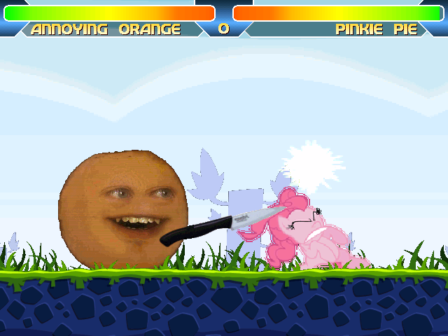 Size: 640x480 | Tagged: annoying orange, artist:angrynoahs, derpibooru import, knife, mugen, pinkie pie, semi-grimdark