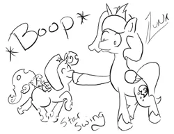 Size: 1017x786 | Tagged: artist:eggrole7, boop, changeling, derpibooru import, eyes closed, hat, monochrome, oc, oc:star swing, princess luna, raised hoof, raised leg, safe, smiling, ushanka