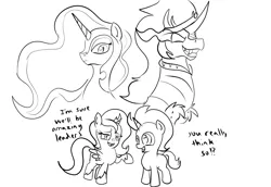 Size: 2328x1604 | Tagged: artist:frikdikulous, colt, derpibooru import, dialogue, female, filly, irony, king sombra, lumbra, male, monochrome, nightmare moon, princess luna, safe, shipping, sketch, sombramoon, straight, this will end in tears, woona