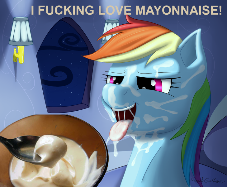 Size: 1167x960 | Tagged: artist:formalgentleman edits, derpibooru import, edit, facial, feeding, mayonnaise, not porn, questionable, rainbow dash, vulgar