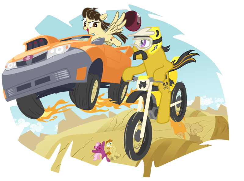 Size: 4286x3185 | Tagged: action pose, artist:mick-o-maikeru, car, cheerilee, derpibooru import, dirt bike, driving, dustykatt, goggles, helmet, motorcycle, oc, oc:mandopony, race, racing, riding, safe, wild fire