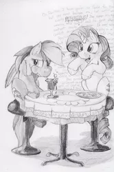 Size: 600x904 | Tagged: artist:thepingaslord, derpibooru import, dialogue, drink, gossip, grayscale, monochrome, rainbow dash, rarity, safe, sitting, table, traditional art, unshorn fetlocks