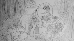 Size: 2020x1136 | Tagged: artist:thepingaslord, derpibooru import, eyes closed, flower, fluttershy, forest, grayscale, horseshoes, monochrome, pencil drawing, safe, solo, traditional art, wip
