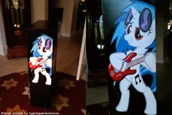 Size: 1000x667 | Tagged: safe, artist:thepingaslord, artist:tygerbug, derpibooru import, vinyl scratch, pony, bipedal, custom, electric guitar, guitar, irl, musical instrument, painting, speakers, traditional art