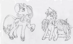 Size: 900x546 | Tagged: artist:thepingaslord, classical unicorn, cloven hooves, derpibooru import, goggles, leonine tail, monochrome, rainbow dash, rarity, safe, sitting, traditional art, unshorn fetlocks