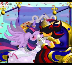 Size: 900x805 | Tagged: safe, artist:brodogz, derpibooru import, twilight sparkle, twilight sparkle (alicorn), alicorn, pony, armor, blushing, clothes, crack shipping, crossover, crossover shipping, crown, dress, eyes closed, female, floppy ears, horn ring, interspecies, kissing, mare, obvious troll, ring, shadow the hedgehog, shadtwi, shipping, sonic the hedgehog (series), spread wings, throne, wedding, wedding dress, wedding ring