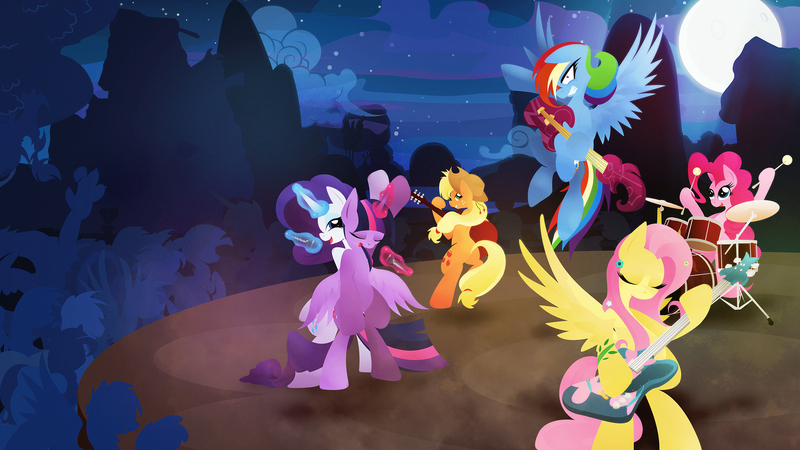 Size: 1920x1080 | Tagged: safe, artist:rariedash, derpibooru import, applejack, discord, fluttershy, pinkie pie, rainbow dash, rarity, twilight sparkle, twilight sparkle (alicorn), zecora, alicorn, earth pony, pegasus, pony, unicorn, zebra, back to back, band, bedroom eyes, bipedal, cowboy hat, cutie mark, drums, eyes closed, female, flying, full moon, glowing horn, grin, gritted teeth, guitar, hat, hooves, horn, levitation, lineless, magic, mane six, mare, microphone, moon, musical instrument, night, night sky, open mouth, ponyville, singing, sky, smiling, spread wings, stage, stars, teeth, telekinesis, tree, wide eyes, wings