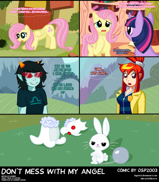 Size: 1948x2222 | Tagged: angel bunny, artist:dsp2003, chains, comic, crossover, derpibooru import, fluttershy, ghost trick, homestuck, lynne, plushie, pyralspite, safe, scalemate, terezi pyrope, twilight sparkle