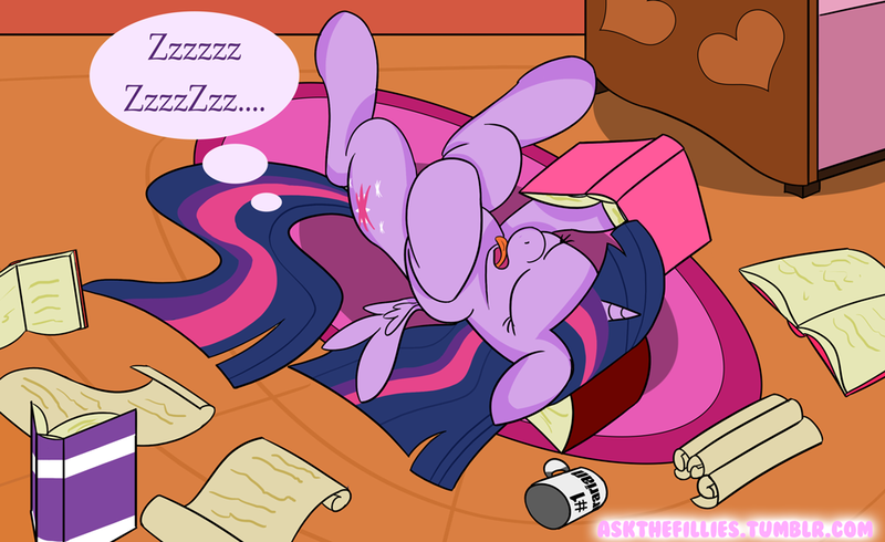 Size: 1000x612 | Tagged: safe, artist:askthefillies, derpibooru import, twilight sparkle, twilight sparkle (alicorn), alicorn, pony, ask the fillies, book, female, filly, filly twilight sparkle, mare, on back, scroll, sleeping, solo, younger