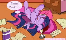 Size: 1000x612 | Tagged: safe, artist:askthefillies, derpibooru import, twilight sparkle, twilight sparkle (alicorn), alicorn, pony, ask the fillies, book, female, filly, filly twilight sparkle, mare, on back, scroll, sleeping, solo, younger