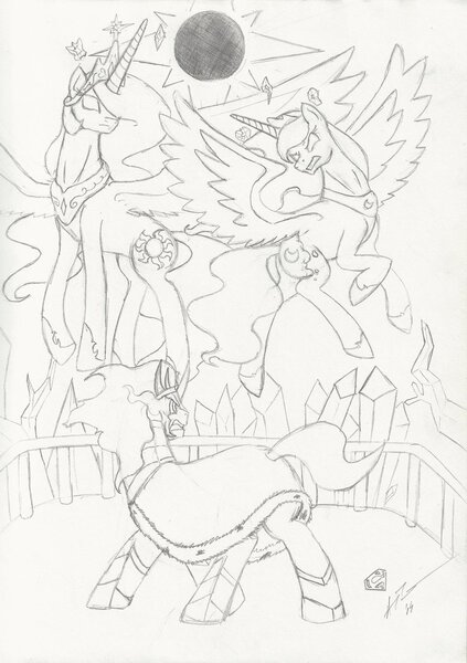 Size: 750x1064 | Tagged: artist:flanaganisking, crystal, derpibooru import, eclipse, elements of harmony, glowing eyes, king sombra, monochrome, princess celestia, princess luna, safe, traditional art