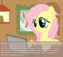 Size: 1280x1159 | Tagged: safe, artist:oemilythepenguino, derpibooru import, fluttershy, computer, computer mouse, diverse-mlp-headcanons, female to male, headcanon, laptop computer, male to female, social justice warrior, solo, text, transgender, wat