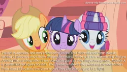 Size: 1280x720 | Tagged: safe, derpibooru import, applejack, rarity, twilight sparkle, twilight sparkle (alicorn), earth pony, pony, unicorn, diverse-mlp-headcanons, genderfluid, hat, headcanon, male to female, text, transgender, trio, vulgar, wat