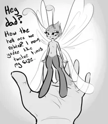 Size: 1633x1869 | Tagged: artist:nobody, black and white, breasts, breezie, derpibooru import, dialogue, featureless breasts, female, grayscale, hand, how, in goliath's palm, monochrome, oc, oc:anon, oc:teri, parent:breezette, safe, satyr, unofficial characters only