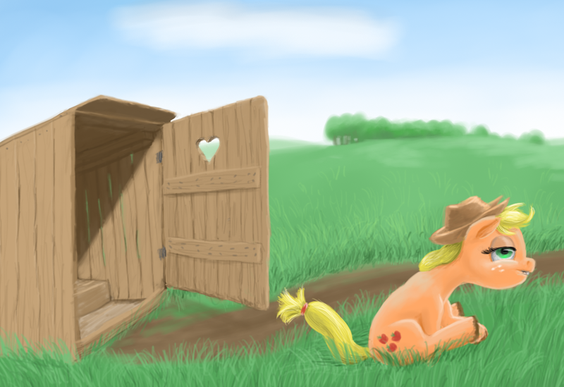 Size: 1232x846 | Tagged: applejack, artist:lemurkatta, derpibooru import, grass, outhouse, safe, sitting, solo