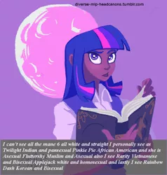 Size: 804x846 | Tagged: artist:yamino, dark skin, derpibooru import, diverse-mlp-headcanons, headcanon, human, humanized, safe, solo, text, twilight sparkle, wat