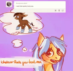 Size: 1280x1242 | Tagged: artist:tracymod, ask, ask tracy flash, boots, derpibooru import, donkey, oc, oc:anon, pun, safe, tail bow, tracy flash, tumblr, visual pun, vulgar