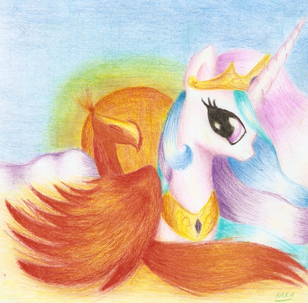 Size: 1498x1477 | Tagged: safe, artist:nika191319, derpibooru import, philomena, princess celestia, traditional art