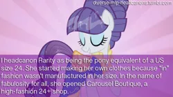 Size: 1280x720 | Tagged: safe, derpibooru import, rarity, pony, unicorn, clothes, diverse-mlp-headcanons, dress, fat, headcanon, lies, morbidly obese, obese, solo, text, wat, wish fulfillment