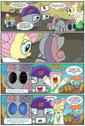 Size: 1482x2200 | Tagged: safe, artist:madmax, derpibooru import, fluttershy, rarity, oc, pegasus, pony, robot, unicorn, fallout equestria, fallout equestria: the ghost of the wastes, comic, desperation, eyes closed, female, filly, foal, hooves, horn, mare, old world blues, one eye closed, open mouth, os update, potty time, sweetie bot, teeth, updating, windows xp