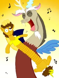 Size: 600x800 | Tagged: accordion, artist:crazynutbob, body horror, cartoon physics, cartoony, chaos, cheese sandwich, derpibooru import, discord, discord being discord, musical instrument, music notes, :o, safe, stretch, transformation, voice actor joke