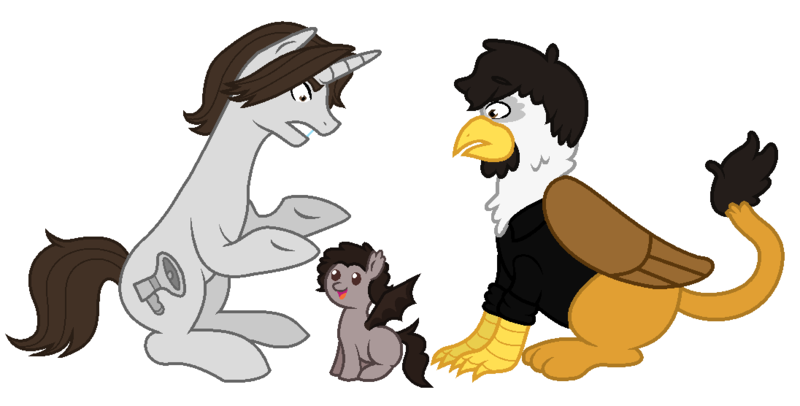 Size: 1096x556 | Tagged: safe, artist:unoriginai, derpibooru import, ponified, bat pony, gryphon, pony, unicorn, bat ponified, danny sexbang, egoraptor, foal, frown, game grumps, gay, griffonized, gritted teeth, jontron, jontron thread, magical gay spawn, male, offspring, open mouth, sitting, smiling, species swap, spread wings, stallion, trio, wide eyes