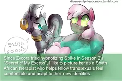 Size: 822x545 | Tagged: safe, artist:dotkwa, derpibooru import, cheerilee, spike, zecora, earth pony, pony, zebra, diverse-mlp-headcanons, headcanon, hypnosis, swirly eyes, text, therapist, tied up, transgender, wat