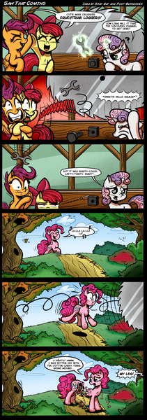 Size: 2000x5696 | Tagged: semi-grimdark, artist:gray--day, derpibooru import, apple bloom, pinkie pie, scootaloo, sweetie belle, earth pony, pegasus, pony, unicorn, absurd resolution, buzzsaw, candy, cartoon physics, comic, cutie mark crusaders, dagger eyes, dark comedy, death stare, descriptive noise, food, glaring daggers, grimderp, hilarious in hindsight, meme, my leg, pinkie being pinkie, pinkie physics, pinkñata, piñata, saw, sawblade, scared, sweetie fail, wrench