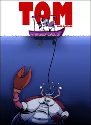 Size: 1600x2188 | Tagged: anchor, artist:saturdaymorningproj, boat, circling stars, crab, derpibooru import, giant crab, jaws, oc, ocean, oc:tom the crab, parody, rarity, rarity fighting a giant crab, safe