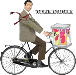 Size: 750x738 | Tagged: apple bloom, bicycle, cage, derpibooru import, gag, image macro, kidnapped, meme, mr bean, safe, scootaloo, simple background, transparent background