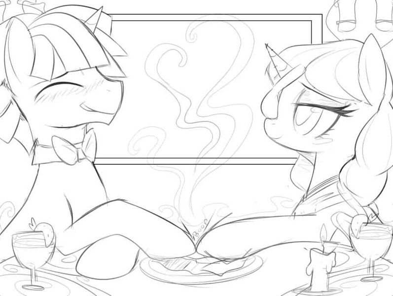 Size: 916x690 | Tagged: artist:si1vr, bowtie, commission, derpibooru import, dusk shine, female, food, half r63 shipping, heart, holding hooves, male, monochrome, oc, oc:taralicious, restaurant, rule 63, safe, shipping, sketch, straight, tarashine, tara strong, twilight sparkle