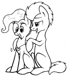 Size: 849x941 | Tagged: artist:blakicat, black and white, derpibooru import, doctor mayor, doctor whooves, female, grayscale, happy, heart, lidded eyes, male, mayor mare, monochrome, necklace, open mouth, safe, shipping, simple background, sitting, smiling, straight, time turner, transparent background