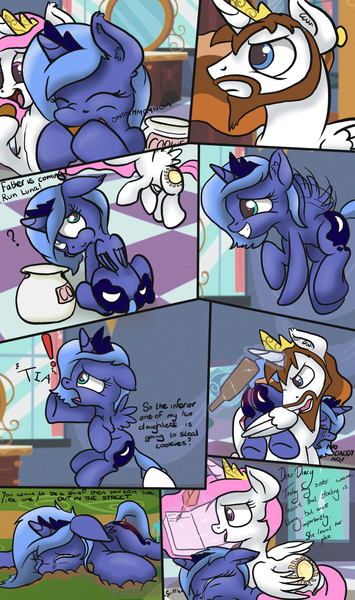 Size: 1279x2159 | Tagged: artist:mistydash, book, cewestia, comic, cookie, cookie jar, crying, cute, dead source, derpibooru import, diary, eating, father, filly, floppy ears, frown, grin, oc, paddle, plot, princess celestia, princess luna, punishment, semi-grimdark, smiling, spanking, tail pull, woona, woonabuse, writing