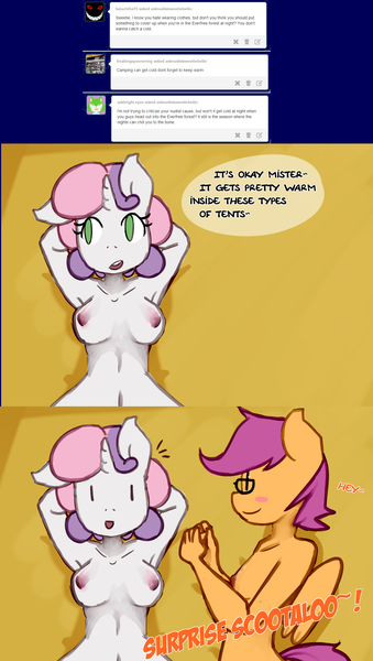 Size: 1280x2264 | Tagged: anthro, artist:somescrub, ask nudist sweetie belle, barely legal, breasts, comic, derpibooru import, female, glasses, lesbian, nipples, nudity, older, questionable, scootabelle, scootaloo, sweetie belle, tent