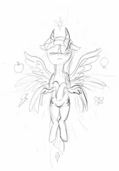 Size: 1024x1472 | Tagged: safe, artist:snapai, derpibooru import, twilight sparkle, twilight sparkle (alicorn), alicorn, pony, seraph, seraphicorn, monochrome, multiple horns, multiple wings, sketch, solo, triceraphim, tricorn