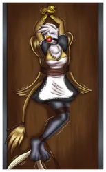 Size: 1544x2500 | Tagged: suggestive, artist:humite-ubie, derpibooru import, gilda, anthro, gryphon, ballgag, bondage, bondage furniture, bound wings, breasts, clothes, female, gag, maid, rope, solo, solo female, stockings, tickle torture, tickling