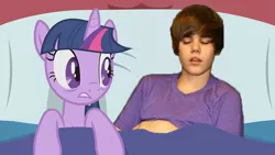 Size: 800x450 | Tagged: bed, derpibooru import, downvote bait, human, human on pony snuggling, implied belly rubs, irl, irl human, justin bieber, not sure if want, obvious troll, op has issues, photo, safe, sleeping, snuggling, twilight sparkle, wat