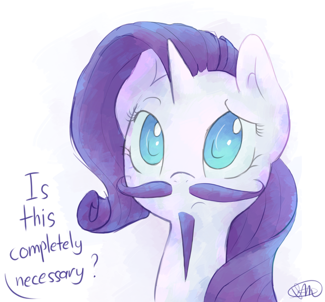 Size: 1400x1300 | Tagged: safe, artist:spikedmauler, derpibooru import, rarity, pony, unicorn, beard, dialogue, facial hair, female, looking at you, mare, moustache, simple background, solo, white background