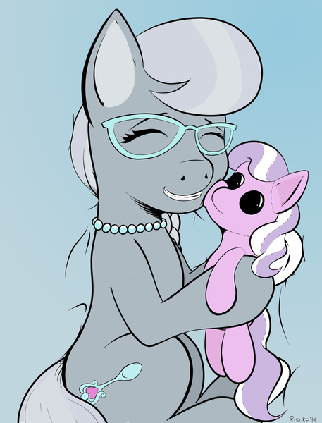 Size: 1628x2136 | Tagged: adorabullies, artist:lord waite, artist:riscke, bed, colored, cute, derpibooru import, diamond tiara, glasses, missing accessory, necklace, plushie, safe, silverbetes, silver spoon, snuggling, solo