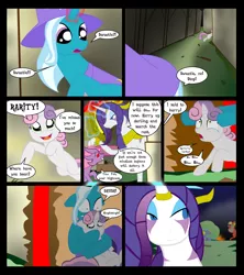 Size: 1600x1800 | Tagged: safe, artist:gatesmccloud, derpibooru import, rarity, sweetie belle, trixie, pony, unicorn, cmc 10k, comic, corrupted, dragonified, female, filly, foal, mare, raridragon, speech bubble