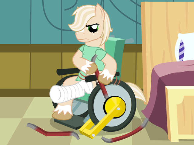 Size: 640x480 | Tagged: safe, artist:aha-mccoy, derpibooru import, oc, oc:jay aaron mclovin, unofficial characters only, earth pony, pony, cast, crowbar, hospital gown, male, solo, stallion, wheel clamp, wheelchair