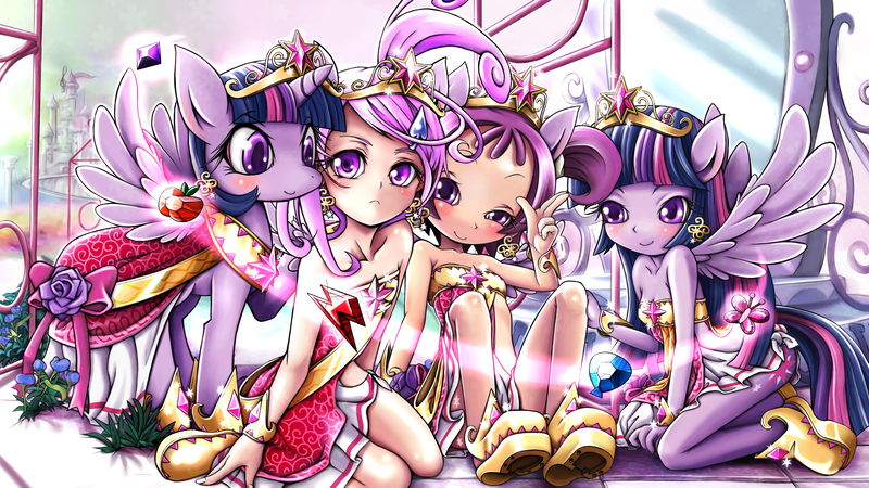 Size: 2500x1406 | Tagged: suggestive, artist:skyshek, derpibooru import, twilight sparkle, twilight sparkle (alicorn), alicorn, equestria girls, big crown thingy, clothes, coronation dress, crossover, crown, dress, element of generosity, element of honesty, element of kindness, element of laughter, element of loyalty, element of magic, elements of harmony, ellie craft, human ponidox, image, jewelry, jpeg, kenzaki makoto, magical doremi, ojamajo doremi, onpu segawa, ponied up, pretty cure, regalia, segawa onpu