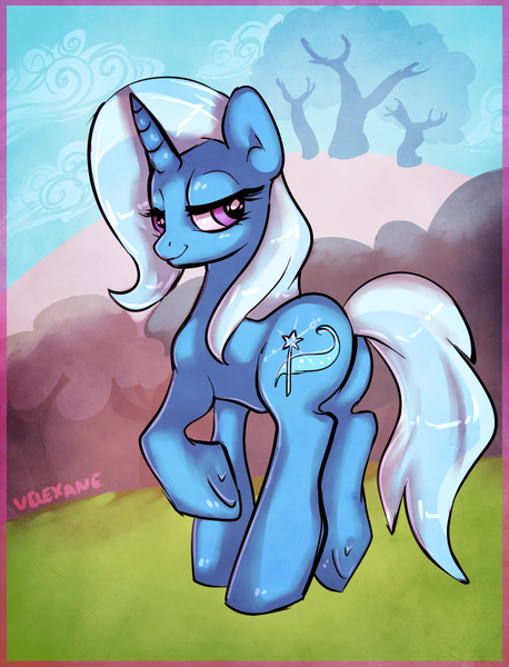 Size: 917x1201 | Tagged: safe, artist:velexane, derpibooru import, trixie, pony, unicorn, female, mare, smiling, solo, underhoof