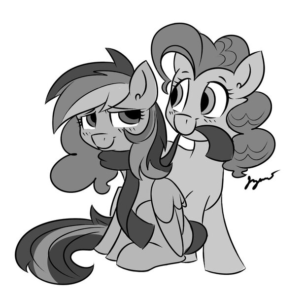 Size: 1024x993 | Tagged: safe, artist:bloodyhellhayden, derpibooru import, pinkie pie, rainbow dash, blushing, clothes, female, lesbian, monochrome, pinkiedash, scarf, shipping