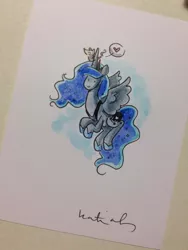 Size: 852x1136 | Tagged: artist:katiecandraw, derpibooru import, flying, heart, opossum, princess luna, safe, smiling, solo, spread wings, tiberius, traditional art
