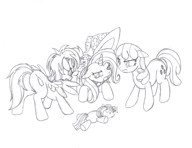 Size: 1036x800 | Tagged: safe, artist:wrabbit, derpibooru import, cheerilee, spitfire, trixie, twilight sparkle, argument, cheerilight, fanfic art, female, floppy ears, frown, glare, lesbian, lineart, monochrome, open mouth, plushie, shipping, spread wings, twifire, twixie