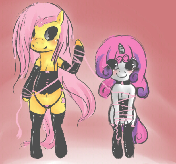 Size: 619x574 | Tagged: artist:demongirl1123, bipedal, blushing, bondage, clothes, collar, corset, evening gloves, female, flutterbelle, fluttershy, foalcon, latex, lesbian, mare on filly, questionable, semi-anthro, shipping, smiling, stockings, sweetie belle
