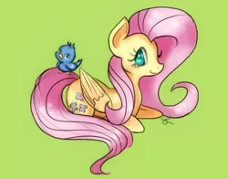 Size: 1100x864 | Tagged: artist:chiuuchiuu, bird, chick, derpibooru import, fluttershy, looking at you, prone, safe, smiling, solo
