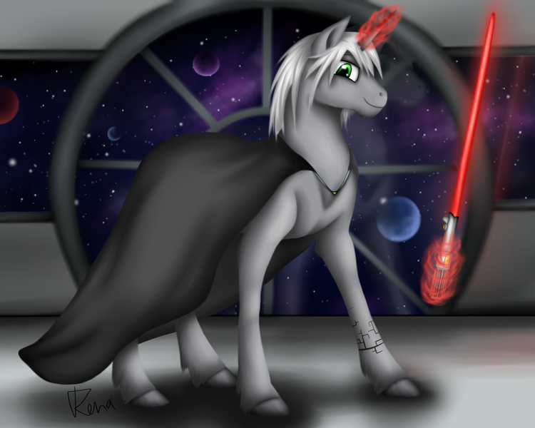 Size: 1600x1280 | Tagged: safe, artist:puggie, derpibooru import, oc, unofficial characters only, cape, clothes, crossover, gray, lightsaber, magic, solo, space, spaceship, standing, star wars