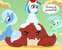 Size: 1500x1200 | Tagged: artist:epulson, beach, cap, crab, derpibooru import, do you even lift, giant crab, hat, lyra heartstrings, meme, oc, oc:tom the crab, safe, sand, trixie, vinyl scratch